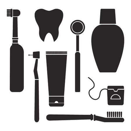 Stomatology. Oral care and hygiene, dentistry and tooth cleaning. Black silhouettes isolated on white background. Vector illustrationのイラスト素材