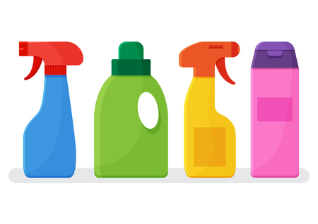 Chemical detergents. Set of colorful bottles cleaning agent. Vector illustrationのイラスト素材