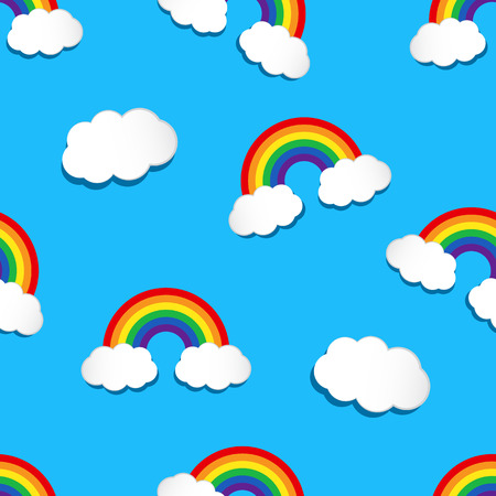 Seamless pattern with rainbow and clouds on blue background. Vector illustrationのイラスト素材