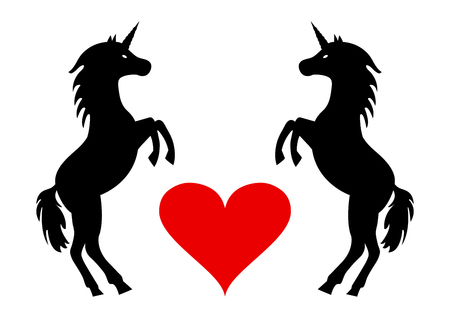 Couple unicorns with heart, black and red silhouettes isolated on white background. Holiday greeting card. Vector illustrationのイラスト素材