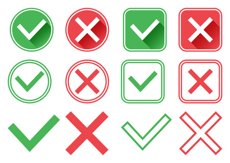 Green and red buttons. Green check mark and red cross. Right and wrong. Different design. Vector illustrationのイラスト素材