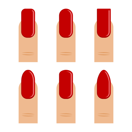 Manicure. Set of finger with red nail polish, different shapes nail, types fashion. Vector illustrationのイラスト素材
