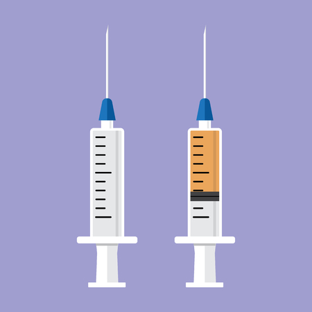 Empty syringe for injection and syringe with orange vaccine. Vector illustrationのイラスト素材