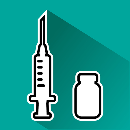 Black and white syringe and vial of medicine with shadow on turquoise background. Vector illustrationのイラスト素材