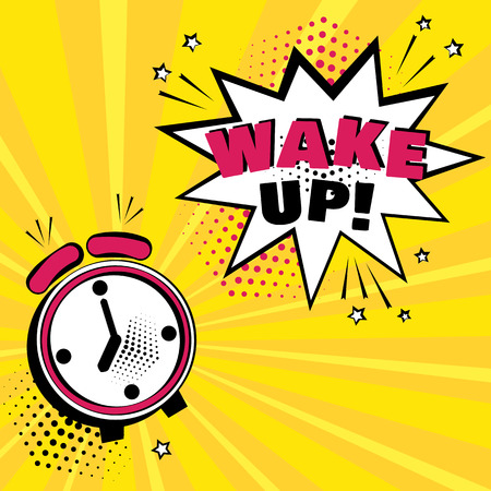 Alarm clock with white comic bubble with WAKE UP word on orange background. Comic sound effects in pop art style. Vector illustrationのイラスト素材