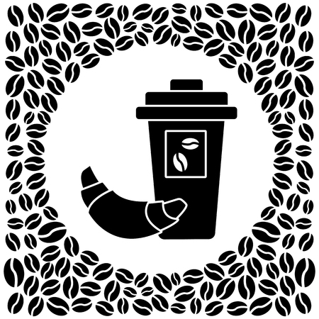 Black and white glass of coffee with a croissant on a coffee background, vector illustrationのイラスト素材