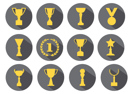Yellow awards and cups on a gray background, vector setのイラスト素材