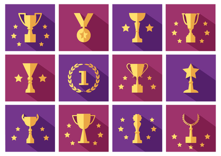 Set of golden awards and cups icons with stars. Vector illustrationのイラスト素材
