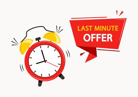 Red alarm clock with ribbon banner with inscription LAST MINUTE OFFER. Vector illustration.のイラスト素材