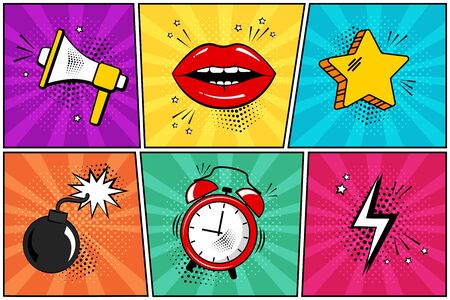 Colorful set of comic icon in pop art style. Megaphone, lips, star, bomb, alarm clock, lightning....