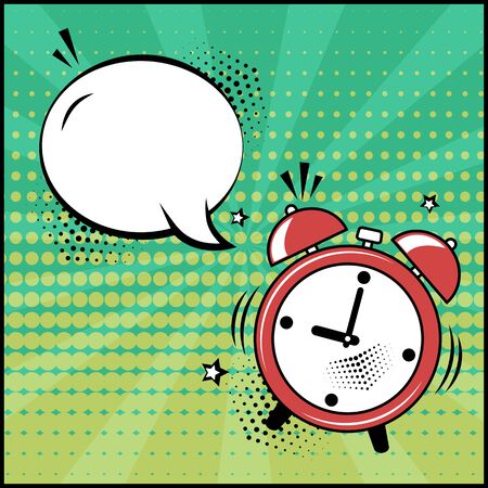 Empty white speech bubble and red alarm clock on green background. Comic sound effects in pop art style. Vector illustrationのイラスト素材