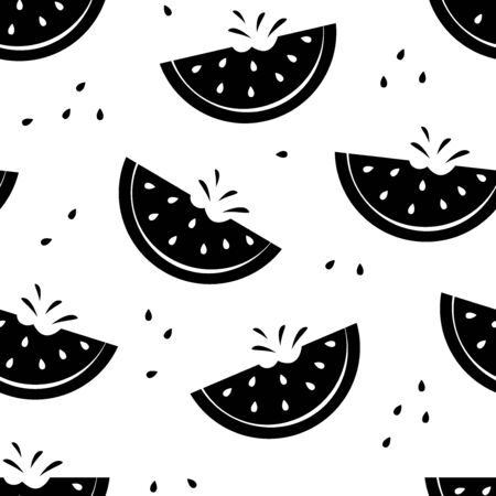 Summer seamless pattern with slice watermelons, black and white design. Vector illustrationのイラスト素材