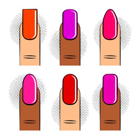 Manicure. Set of finger with colorful nail polish, different shapes nail, types fashion. Bright collection with halftone shadows in pop art style. Vector illustrationのイラスト素材