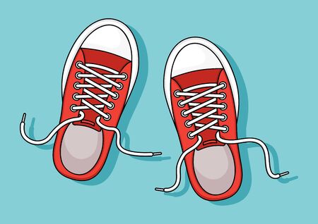 Red sneakers with shadow on blue background. Vector illustrationのイラスト素材