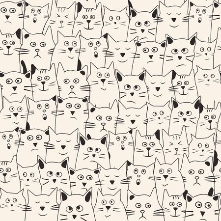 Funny seamless pattern with cartoon cats hand drawn with differents emotions. Vector illustrationのイラスト素材