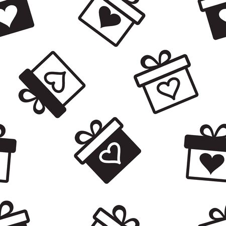 Decorative holiday seamless pattern with black gift boxes with hearts on black background. Vector illustrationのイラスト素材