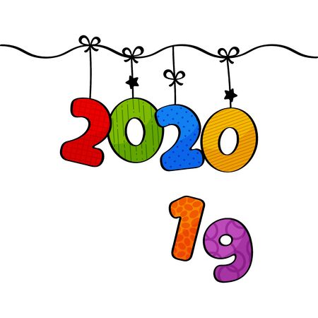 2020. Greeting card for New Year. Cartoon hanging colorful numbers. Vector illustrationのイラスト素材