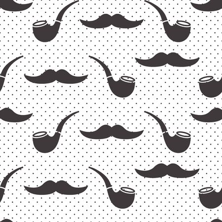 Male seamless pattern, gentlemens print with mustaches and smoking pipes on polka dot background. Black and white design. Vector illustrationのイラスト素材
