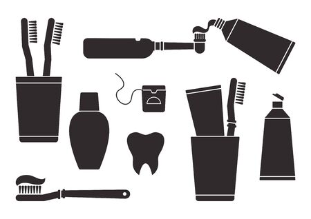 Toothpaste and toothbrush. Oral care and hygiene, dentistry and tooth cleaning. Black silhouettes isolated on white background. Vector illustrationのイラスト素材