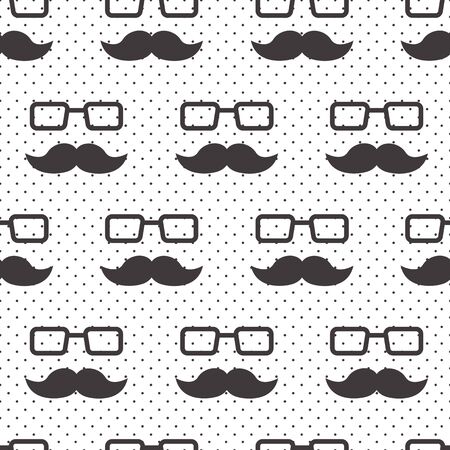 Male seamless pattern, gentlemens print with mustaches and glasses on polka dot background, wrapping paper. Black and white design. Vector illustrationのイラスト素材