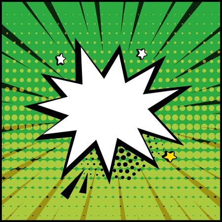 White empty comic speech bubble with halftone dots shadow and stars on green background in pop art style. Vector illustrationのイラスト素材