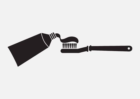 Toothpaste and toothbrush. Oral care and hygiene, dentistry and tooth cleaning. Black silhouettes isolated on white background. Vector illustrationのイラスト素材