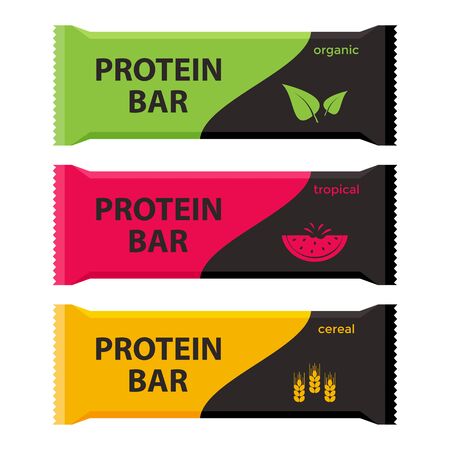 Protein bars with different flavors. Organic, tropical and cereal. Sport and fitness supplements. Vector illustrationのイラスト素材