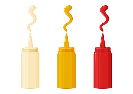 Sauce icon, mayonnaise, mustard and ketchup. Hot spice sauce packed in plastic bottle. Vector illustrationのイラスト素材