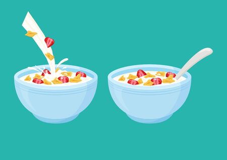 Cereal flake milk breakfast. Bowl rolled oats with strawberry. Vector illustrationのイラスト素材