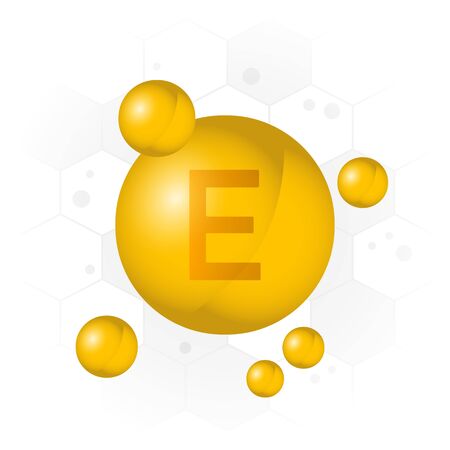 Vitamin E icon. Golden bubble on hexagon background. Vector illustrationのイラスト素材