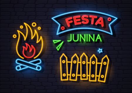 Festa Junina Brazil june festival neon holiday banner, glow greeting card. Fertility festival in Latin America. Vector illustrationのイラスト素材