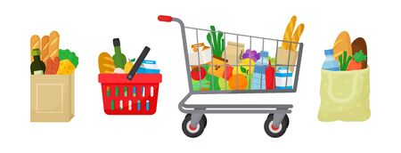 Grocery purchase set. Paper package, shopping basket and trolley, textile bag with products. Foods and drinks, vegetables and fruits. Vector illustrationのイラスト素材