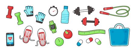 Fitness equipments Sport accessories Gym things Stufff for training isolated on white background. Top view. Diet and healthy lifestyle. Vector illustrationのイラスト素材