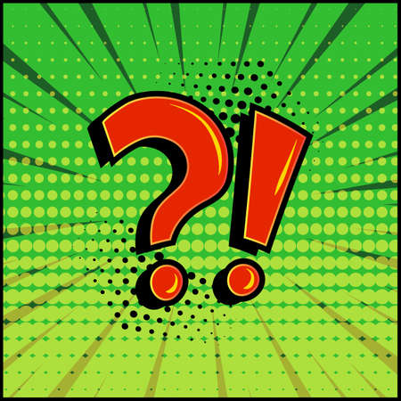 Comic question mark and exclamation point, red signs on green comic speech banner in pop art style. Vector illustrationのイラスト素材