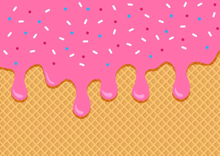 Fruits waffle background with pink ice cream flowing down, wafer textured. Vector illustrationのイラスト素材