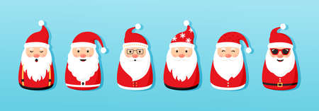 Christmas Santa Claus vector icons, cartoon character, red Santa hat, New year cute collection, holiday winter illustration on blue backgroundのイラスト素材