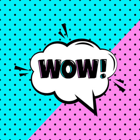 WOW Comic speech bubble on colored polka dot background. Comic sound effect in pop art style. Vector...