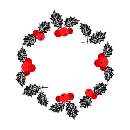 Christmas wreath. Holly berry vector. Christmas symbol, holiday plant isolated on white background, winter illustration. Red and black colors.のイラスト素材