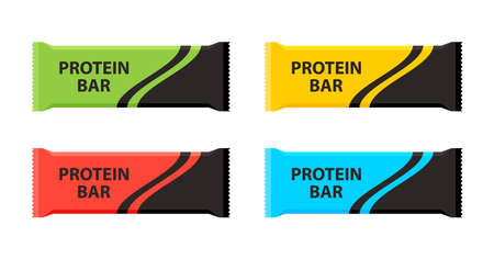 Protein bars with different flavors. Sport and fitness supplements. Vector illustrationのイラスト素材