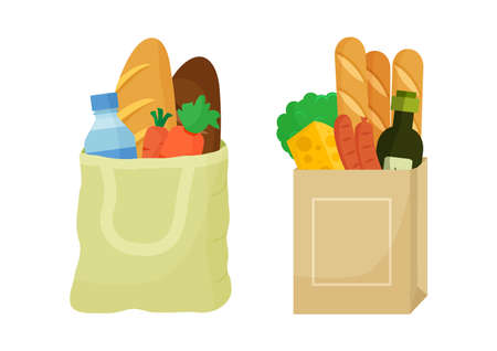 Grocery purchase vector set. Textile bag and paper package with products. Foods and drinks, vegetables and fruits. Supermarket illustrationのイラスト素材