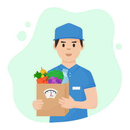 Foods vector delivery. Courier with full healthy nutrition box in hands. Grocery paper bag with scale. Balanced diet. Fresh vegetables, fruits and bottle water. Shopping illustrationのイラスト素材