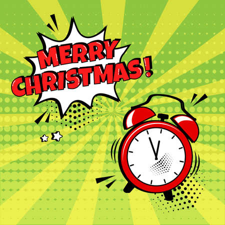 Merry Christmas vector comic alarm clock with speech bubble on green background. Comic sound effect, stars and halftone dots shadow in pop art style. Holiday illustrationのイラスト素材