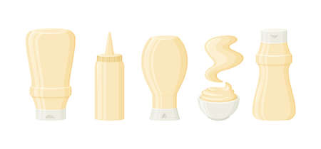 Mayonnaise sauce vector bottles, jar, bowl and stain. 3d cartoon mayo packaging, mock up. Condiment mayonnaise container icon set. Food illustration isolated on white backgroundのイラスト素材