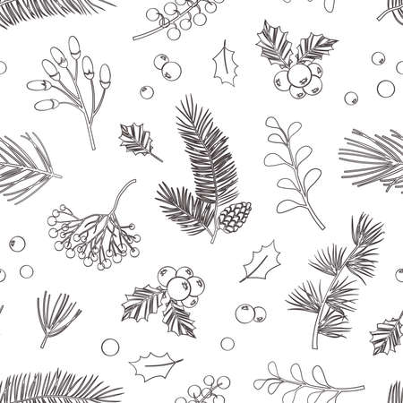 Christmas vector plants seamless pattern. Holly berry, christmas tree, pine, leaves branches, holiday decoration, winter vintage nature backgroundのイラスト素材
