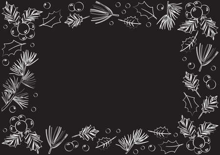 Vintage Christmas vector card frame, winter background. Holly berry, branches plants, leaves, holiday decoration. Nature illustrationのイラスト素材