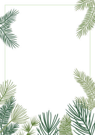 Christmas plant vector border with fir and pine branches, evergreen wreath and corners frames. Nature vintage card, foliage illustrationのイラスト素材