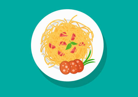 Vector plate of spaghetti with tomatoes and sausage, pasta dishes. Food illustrationのイラスト素材