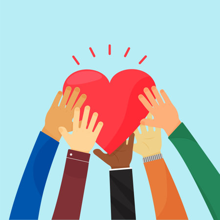 Ampathy and charity. Heart holding by different hands. Vector concept love, volunteer, community christian. Social illustrationのイラスト素材