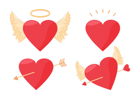 Valentines vector set. Hearts, wings angel, arrow pierced heart. Holiday illustrationのイラスト素材