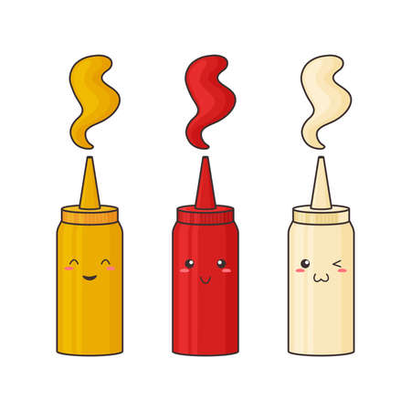 Sauce kawaii, vector funny character bottle. Mustard, ketchup, mayonnaise. Hot spice sauce pack in plastic container. Food illustrationのイラスト素材